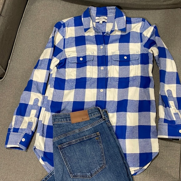 Madewell Classic ExBoyfriend Buffalo Plaid light Blu Checker Button down Flannel - Picture 6 of 13